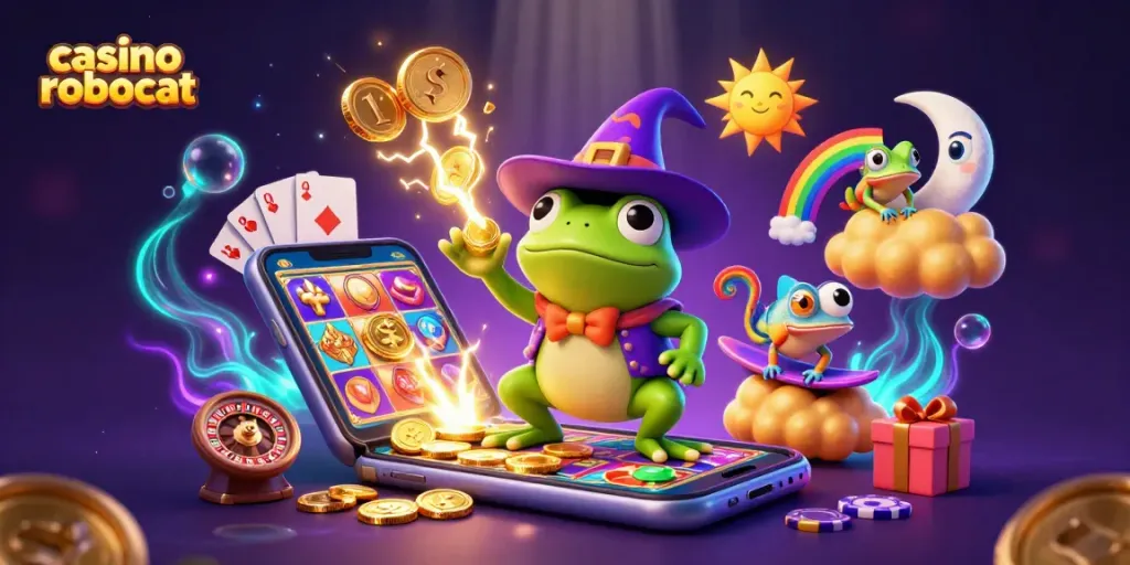 Experience the thrill of casino robocat with magical characters amid a cascade of golden coins.