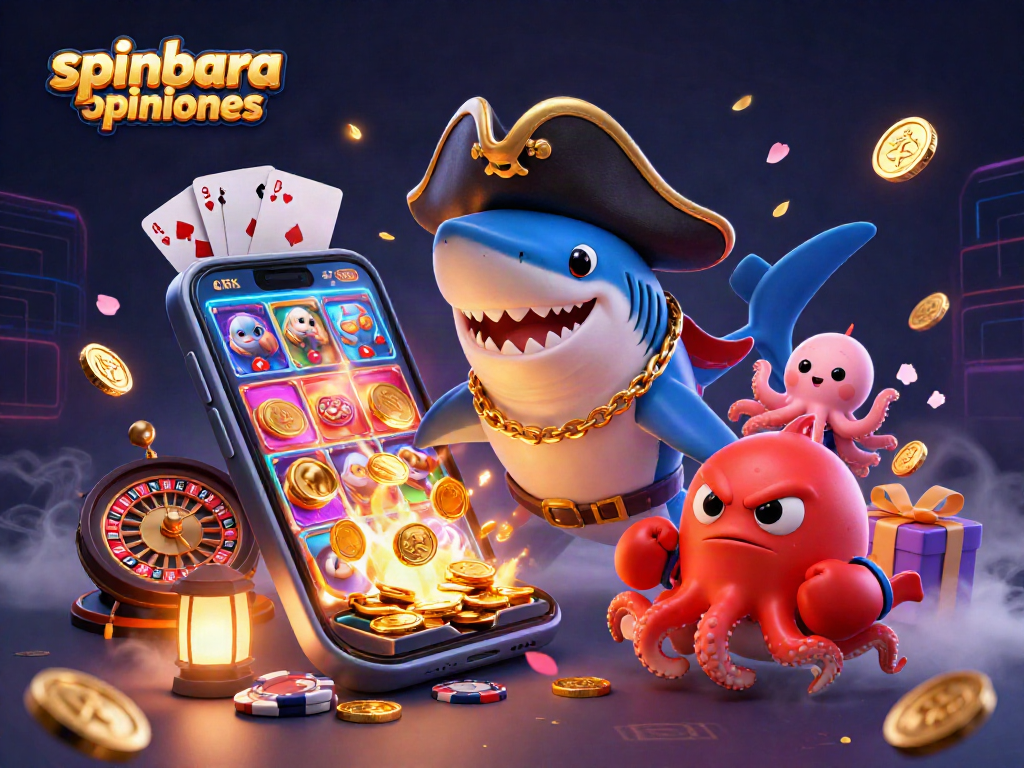 Spinbara opiniones showcase featuring characters engaging with vibrant casino elements, enhancing the gaming experience.