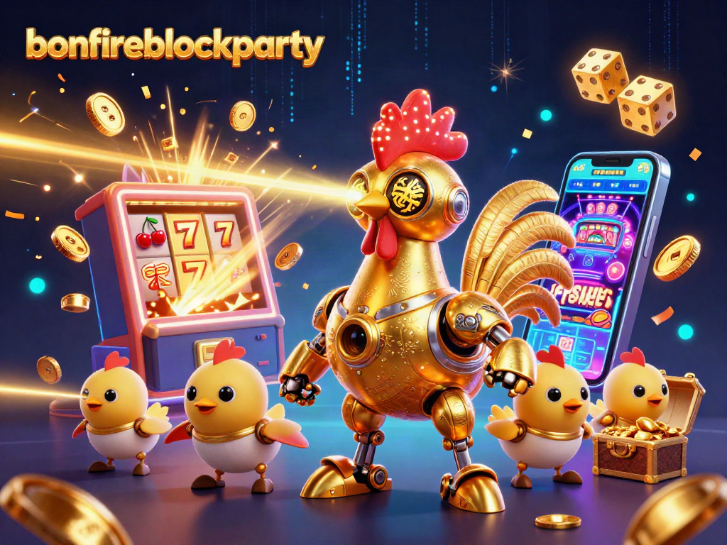 Experience the fun of bonfireblockparty with a vibrant 3D casino-themed celebration illustration.