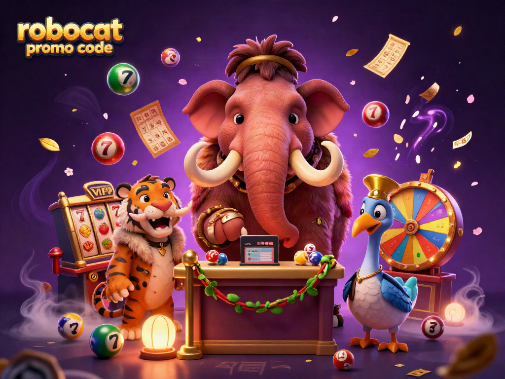 Engage with the robocat promo code for exclusive bonuses in this vibrant, animated casino scene.